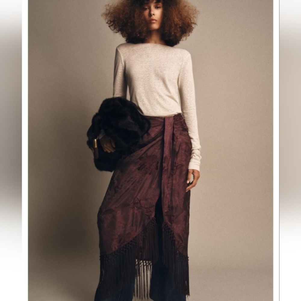 ZARA EMBROIDERED FRINGE WRAP SKIRT NWT BURGUNDY SIZE LARGE